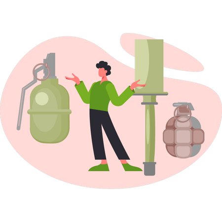 Junge zeigt grüne klassische Handgranate  Illustration