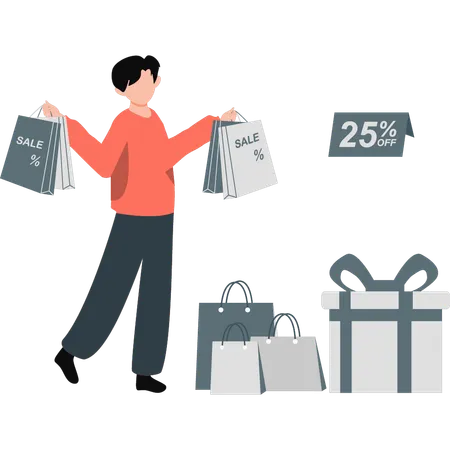 Junge mit Rabatt auf Shopping-Verkauf  Illustration