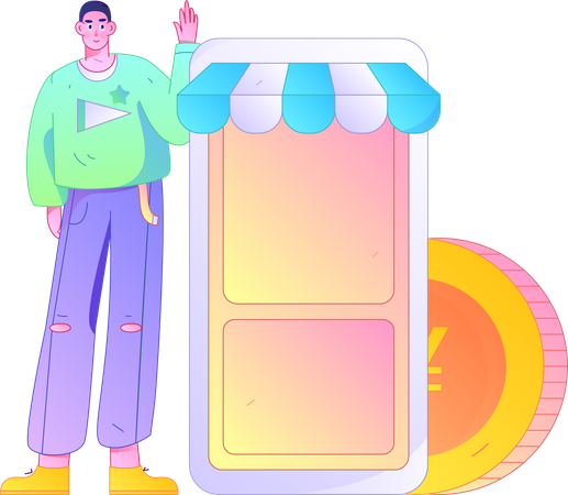 Junge zeigt Shopping-App  Illustration