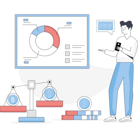 Junge zeigt Wirtschaftswaage  Illustration