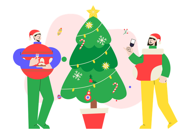 Jungen und Mädchen feiern Heiligabend in Kostümen  Illustration
