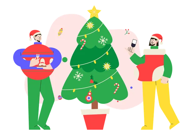 Jungen und Mädchen feiern Heiligabend in Kostümen  Illustration