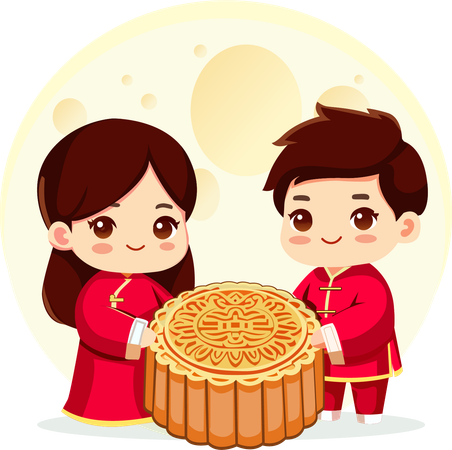 Jungen und Mädchen in chinesischen Kostümen halten Mondkuchen  Illustration