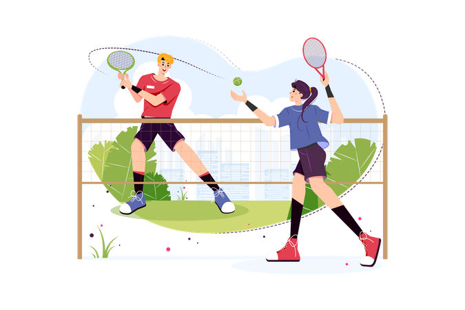Jungen und Mädchen spielen Tennis  Illustration