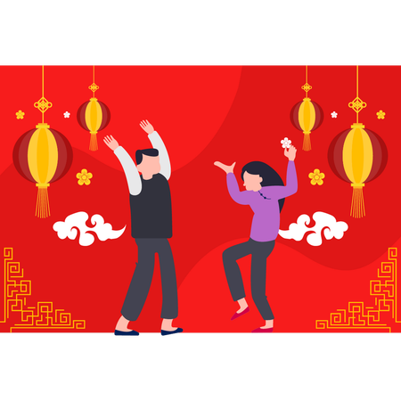 Jungen und Mädchen tanzen im chinesischen Neujahr  Illustration