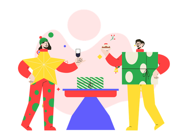 Jungen und Mädchen im Weihnachtskostüm feiern Weihnachtsfeier  Illustration