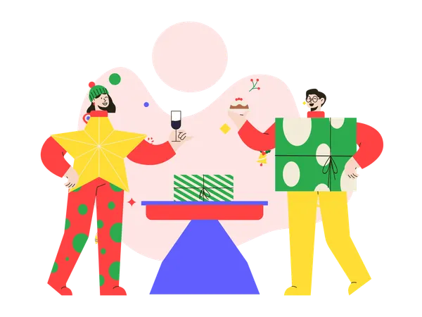 Jungen und Mädchen im Weihnachtskostüm feiern Weihnachtsfeier  Illustration