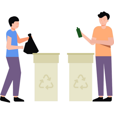Jungen werfen Müll in die Tonne  Illustration