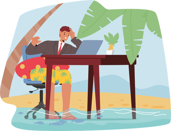 Junger Geschäftsmann genießt Remote-Arbeit am Strand mit Laptop  Illustration