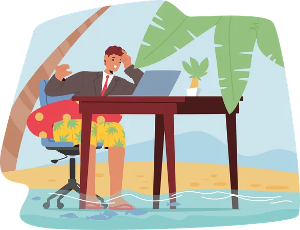 Junger Geschäftsmann genießt Remote-Arbeit am Strand mit Laptop  Illustration