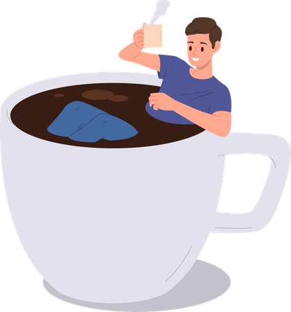 Junger glücklicher Mann schwimmt in einer großen Tasse und trinkt frisch gebrühten Kaffee  Illustration