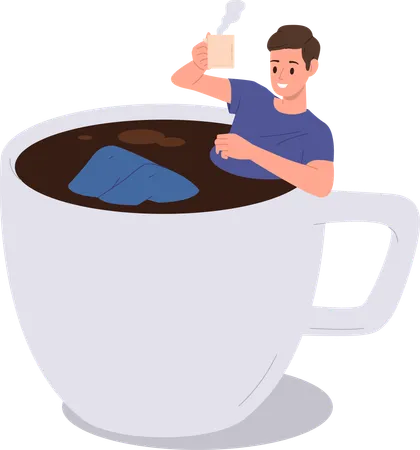 Junger glücklicher Mann schwimmt in einer großen Tasse und trinkt frisch gebrühten Kaffee  Illustration