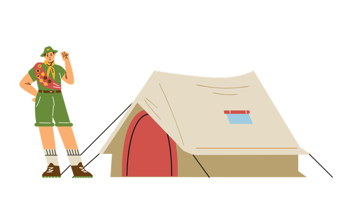 Lächelnder Junge im grünen Pfadfinderkostüm steht neben Zelt  Illustration