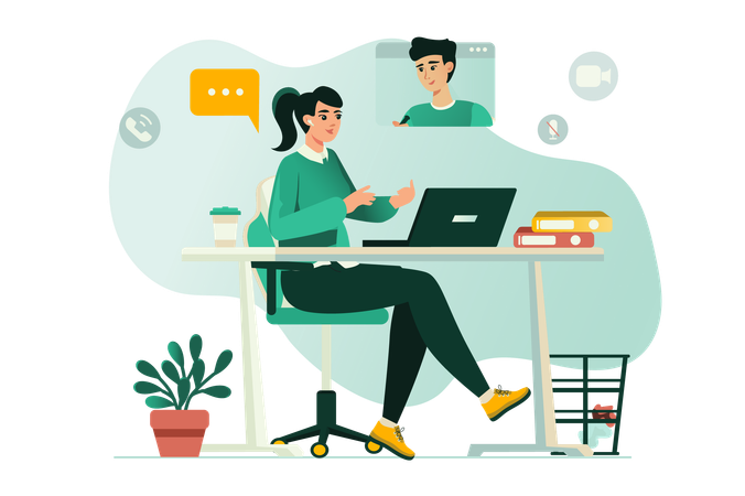 Junger Manager und Mitarbeiter besprechen die Arbeit per Videokonferenz  Illustration