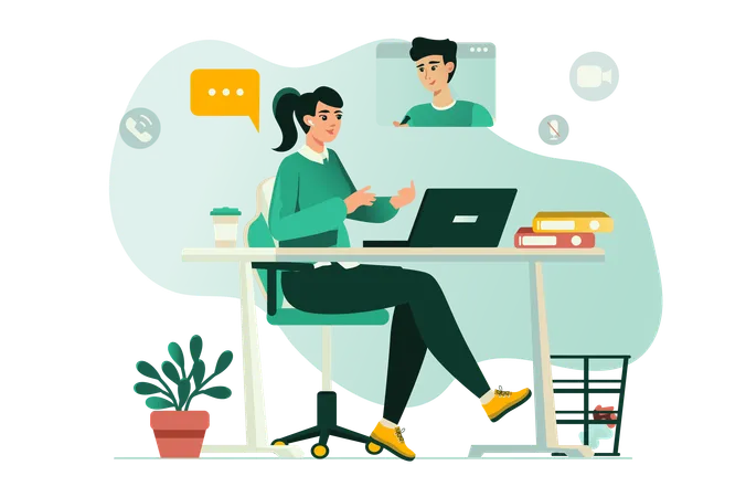 Junger Manager und Mitarbeiter besprechen die Arbeit per Videokonferenz  Illustration