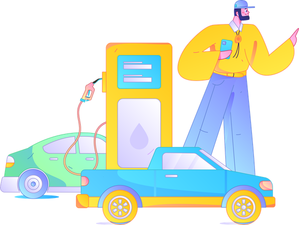 Junger Mann an einer Tankstelle beim Online-Bezahlen von Kraftstoff  Illustration