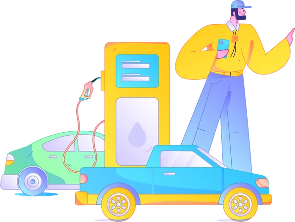 Junger Mann an einer Tankstelle beim Online-Bezahlen von Kraftstoff  Illustration