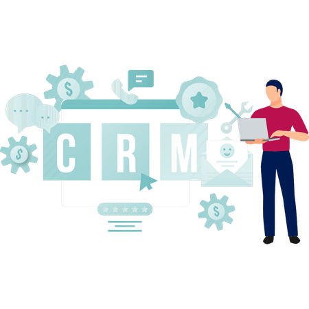 Junger Mann arbeitet am Laptop an CRM  Illustration