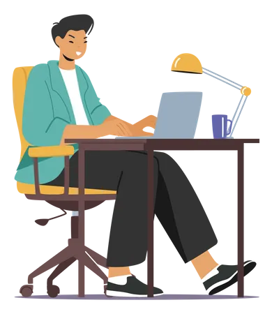 Junger Mann sitzt am Schreibtisch und arbeitet am Laptop  Illustration