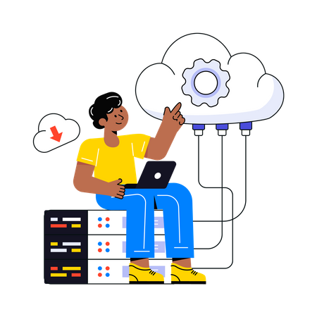 Junger Mann arbeitet am Cloud-Hosting  Illustration