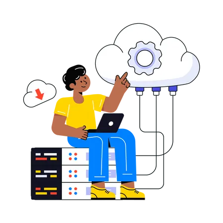 Junger Mann arbeitet am Cloud-Hosting  Illustration