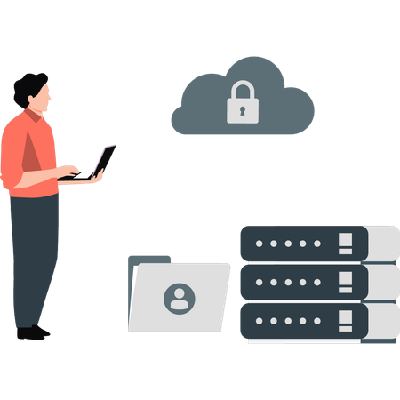 Junger Mann arbeitet am Cloud-Schutz  Illustration