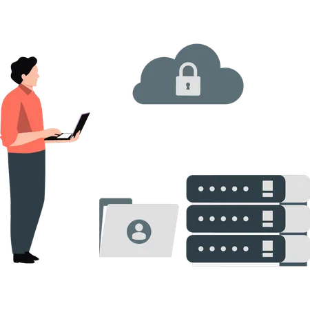 Junger Mann arbeitet am Cloud-Schutz  Illustration