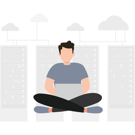 Junger Mann arbeitet an Cloud-Server  Illustration