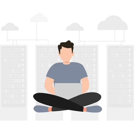 Junger Mann arbeitet an Cloud-Server  Illustration