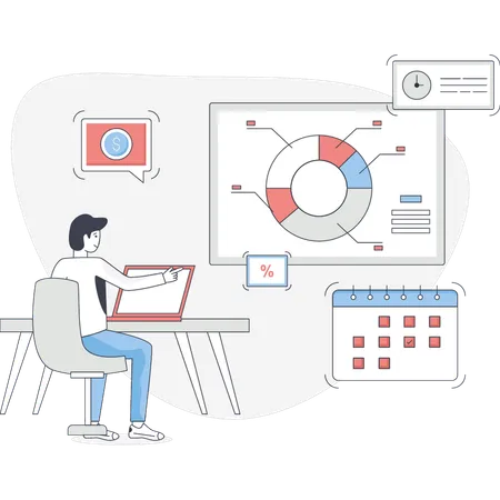 Junger Mann arbeitet an Kreisdiagramm  Illustration