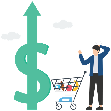 Junger Mann blickt auf steigende Inflation  Illustration