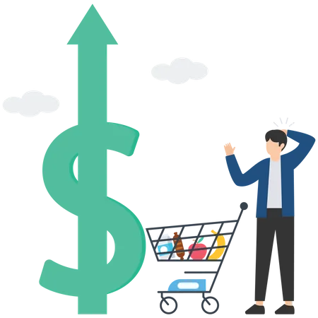 Junger Mann blickt auf steigende Inflation  Illustration