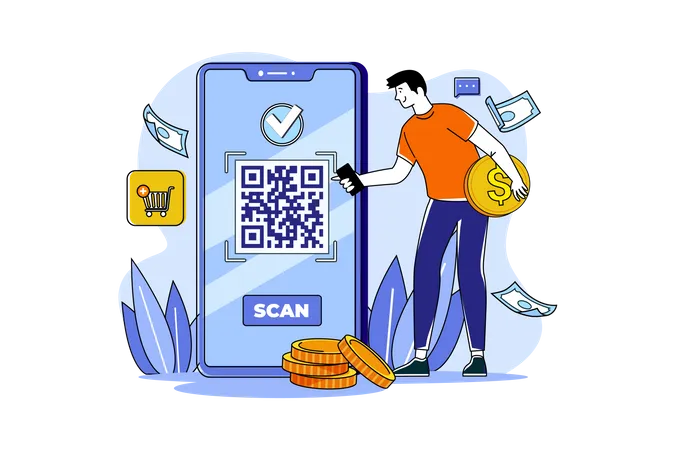 Junger Mann bezahlt Einkaufsrechnung per Qr-Code-Scan  Illustration