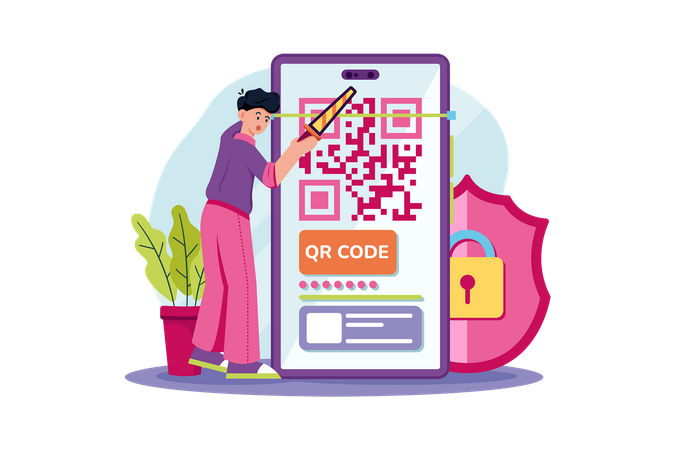 Junger Mann bezahlt Einkaufsrechnung per Qr-Code-Scan  Illustration