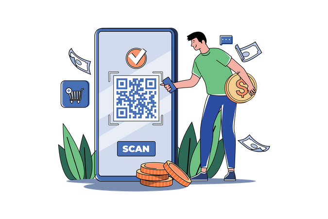 Junger Mann bezahlt Einkaufsrechnung per Qr-Code-Scan  Illustration