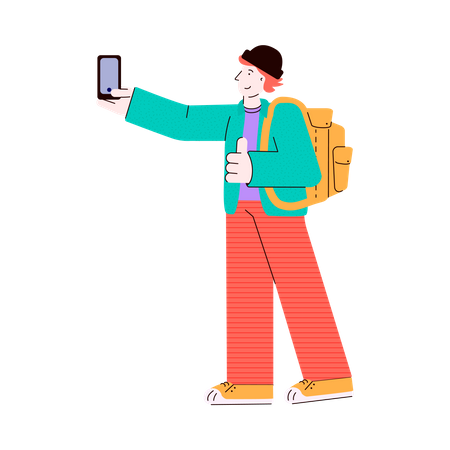 Junger Mann - Student oder Reisender, Tourist mit Rucksack, der Selfie-Fotos mit dem Mobiltelefon macht  Illustration