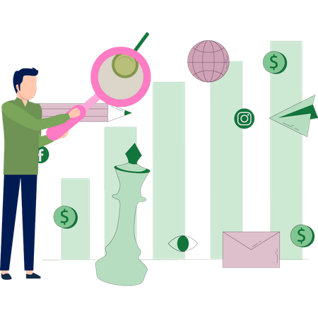 Junger Mann sucht Graph mit der Lupe  Illustration