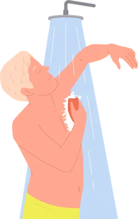 Junger Mann unter der Dusche achtet bei der täglichen Hygiene auf die Sauberkeit seines Körpers  Illustration