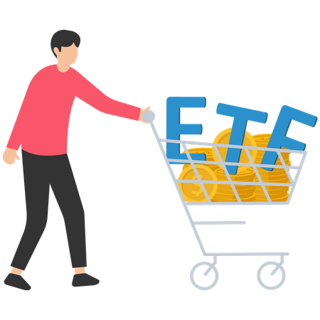 Junger Mann hält ETF-Einkaufswagen  Illustration