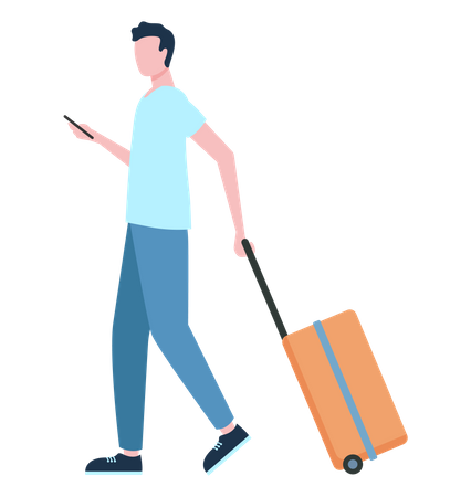 Junger Mann mit Handy und Reisetasche  Illustration