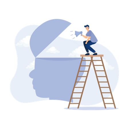 Junger Mann hält Megafon und macht Motivationskampagne  Illustration