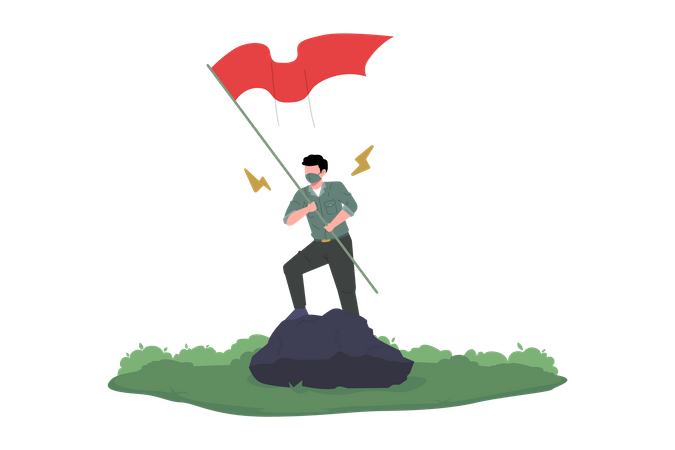 Junger Mann hisst Indonesiens Flagge  Illustration