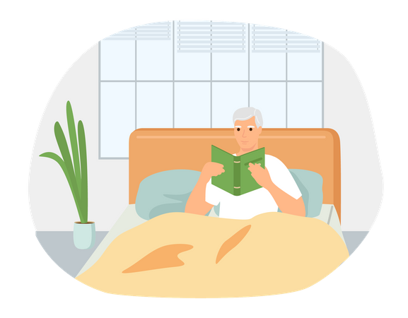 Junger Mann im Bett liest Buch  Illustration