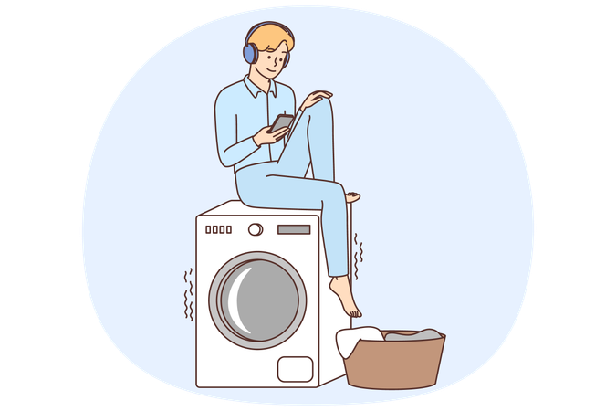 Junger Mann im Pyjama sitzt auf Waschmaschine und hört Musik  Illustration