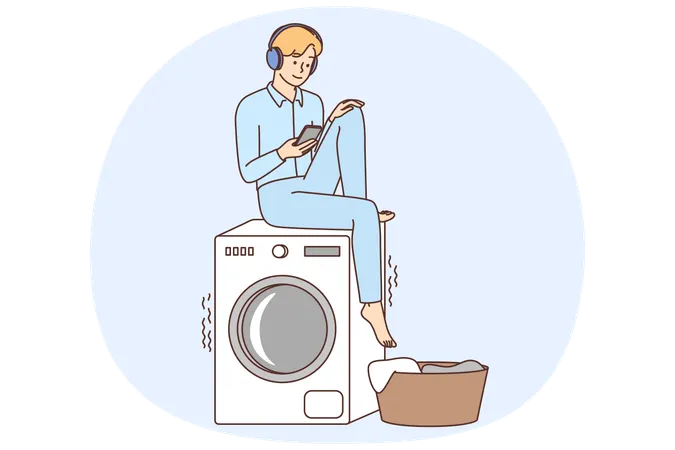 Junger Mann im Pyjama sitzt auf Waschmaschine und hört Musik  Illustration