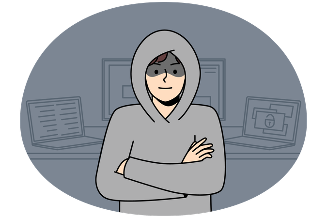 Junger Mann mit Kapuze steht neben Computern und hackt interne Betriebssysteme  Illustration