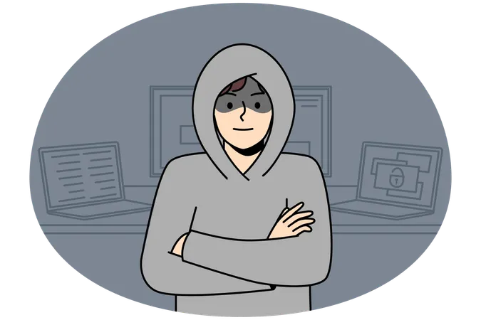 Junger Mann mit Kapuze steht neben Computern und hackt interne Betriebssysteme  Illustration