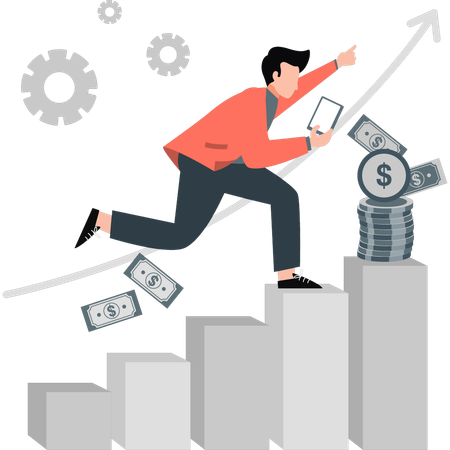 Junger Mann läuft in Investitionsdiagramm  Illustration