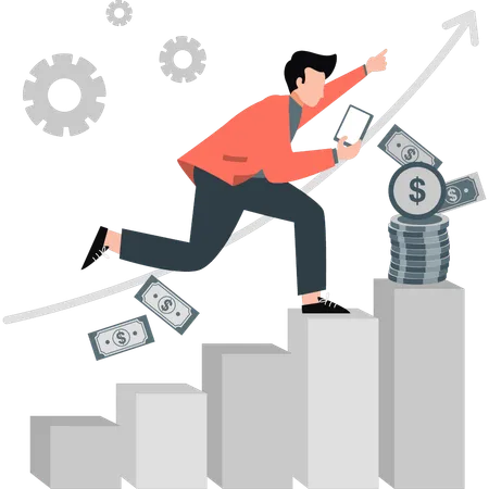 Junger Mann läuft in Investitionsdiagramm  Illustration