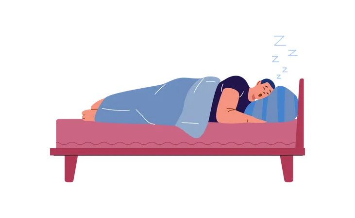 Junger Mann liegt im Bett und schnarcht laut mit offenem Mund  Illustration